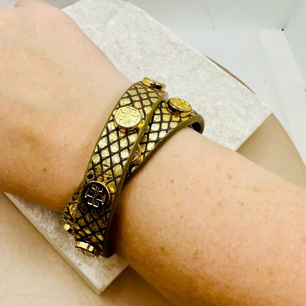 EUC Tory Burch Miller Stud Double Wrap Metallic Gold Exotic Snakeskin Bracelet